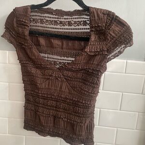 Brown Lace Trimmed Women's Top